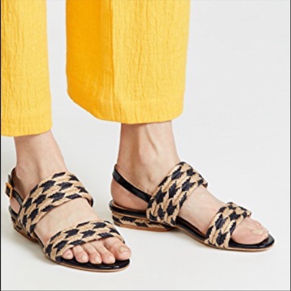 Tory Burch Lola Flat Sandals Jute Woven Nautical Summer Navy Coastal Resort Wear
